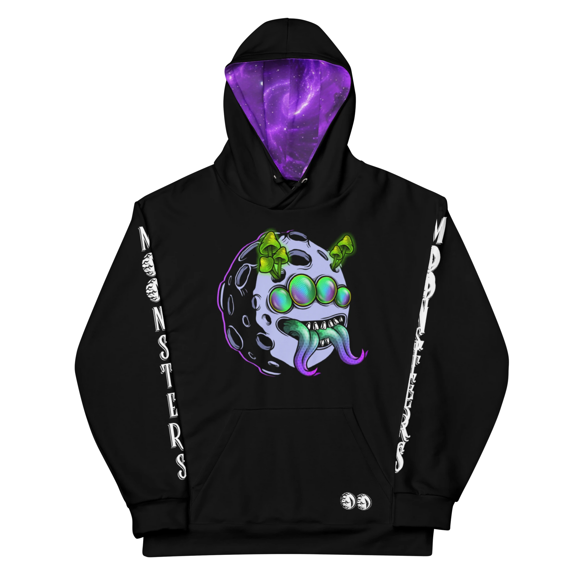 Black hoodie with purple galaxy-lined hood and colorful alien monster graphic on chest, white text on sleeves.