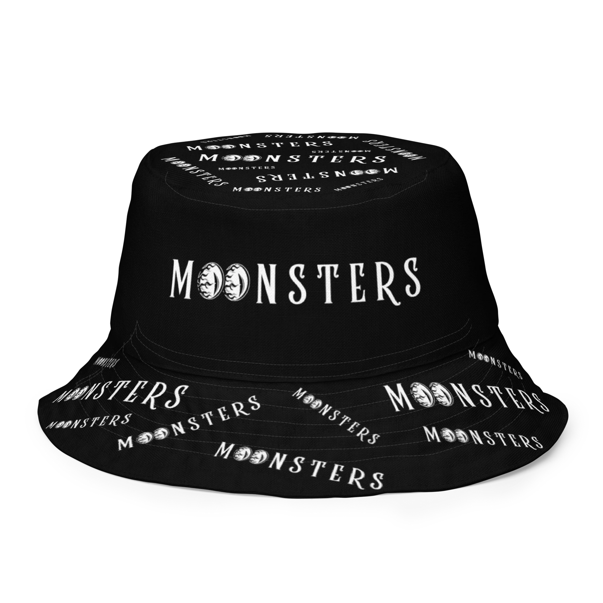 Black bucket hat with white "MOONSTERS" text and moon graphic pattern all over.