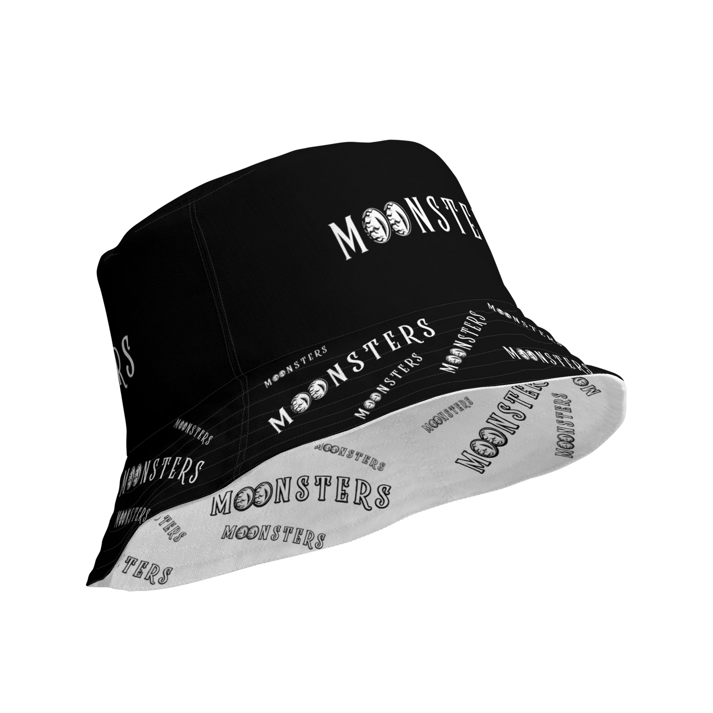 Black and white reversible bucket hat with contrasting "MOONSTERS" text print.