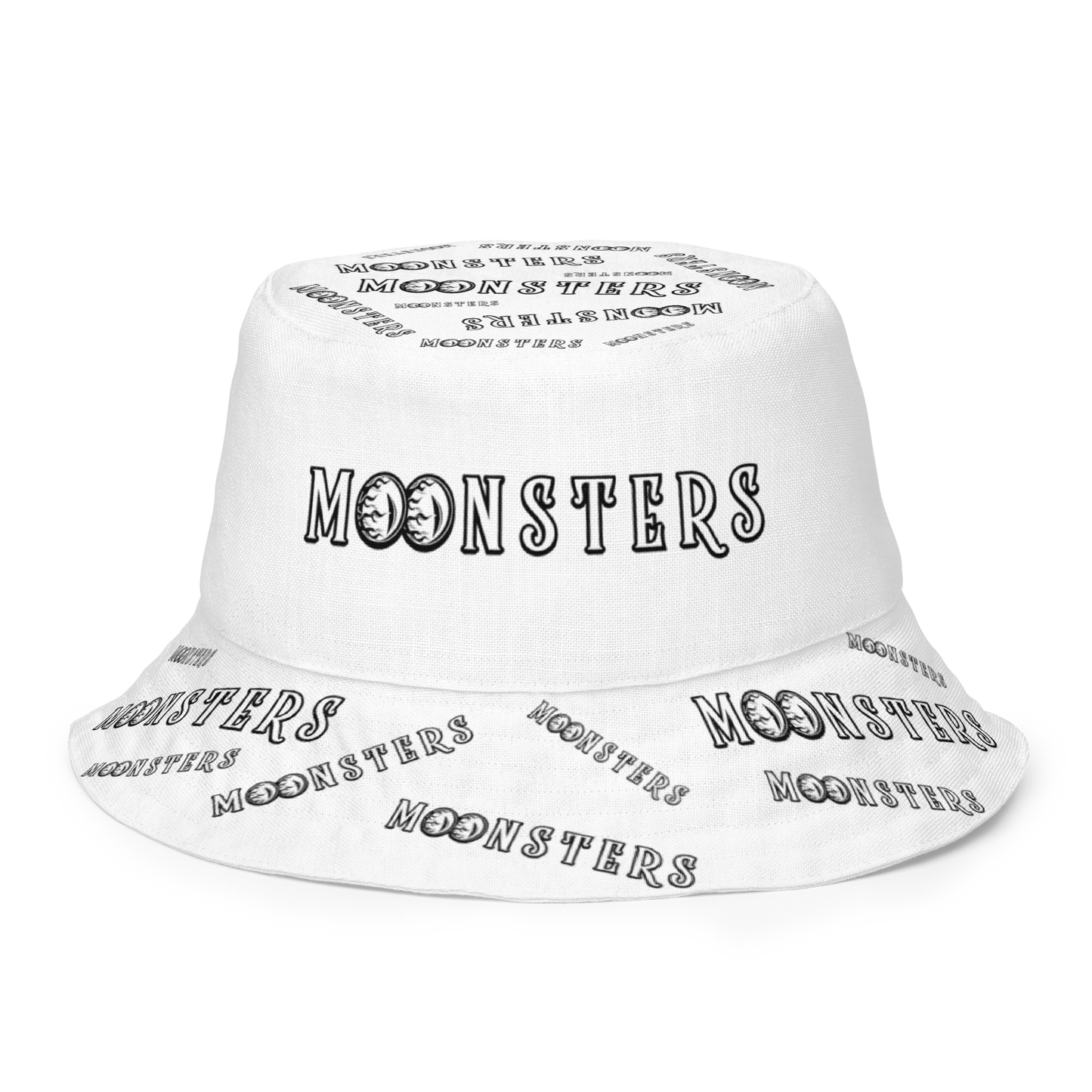 White bucket hat with black "MOONSTERS" text printed repeatedly in various fonts.