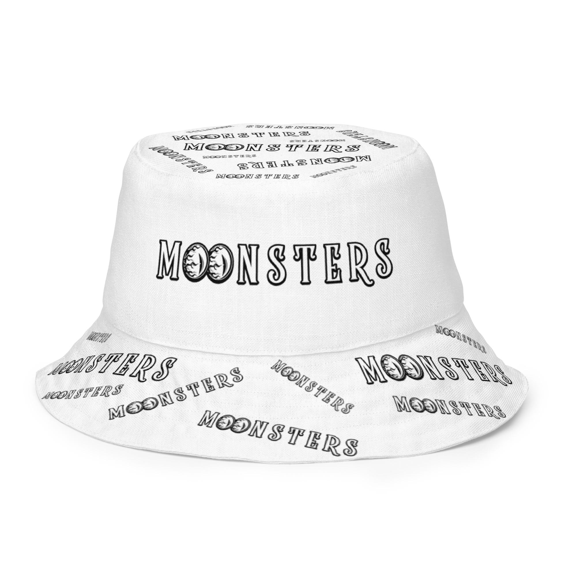 White bucket hat with black "MOONSTERS" text printed repeatedly in various fonts.
