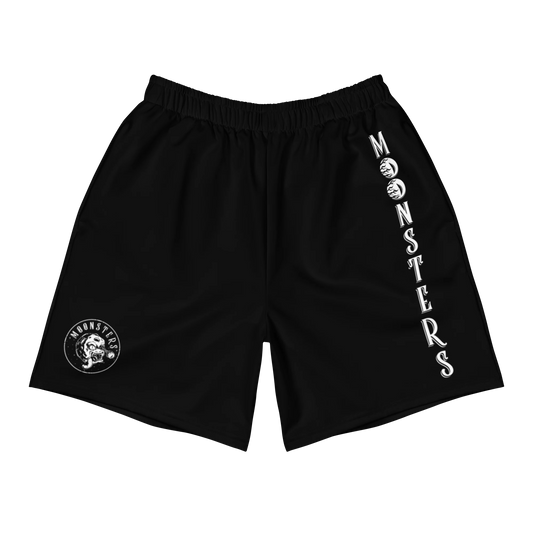 Black elastic waist shorts with white "MONSTERS" vertical text and a skull logo patch on the leg.