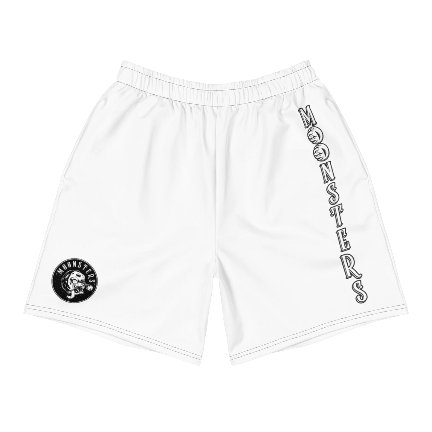 White athletic shorts with elastic waistband, black "MONSTERS" text on side and skull logo patch near hem.