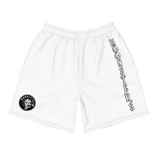 White athletic shorts with elastic waistband, black "MONSTERS" text on side and skull logo patch near hem.