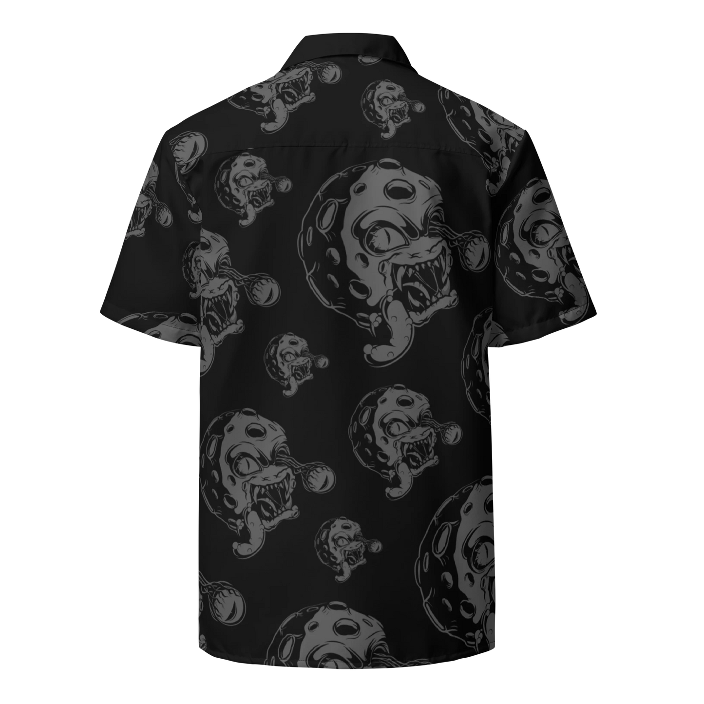 Black short-sleeve button-down shirt with large gray Moonsters pattern on back.