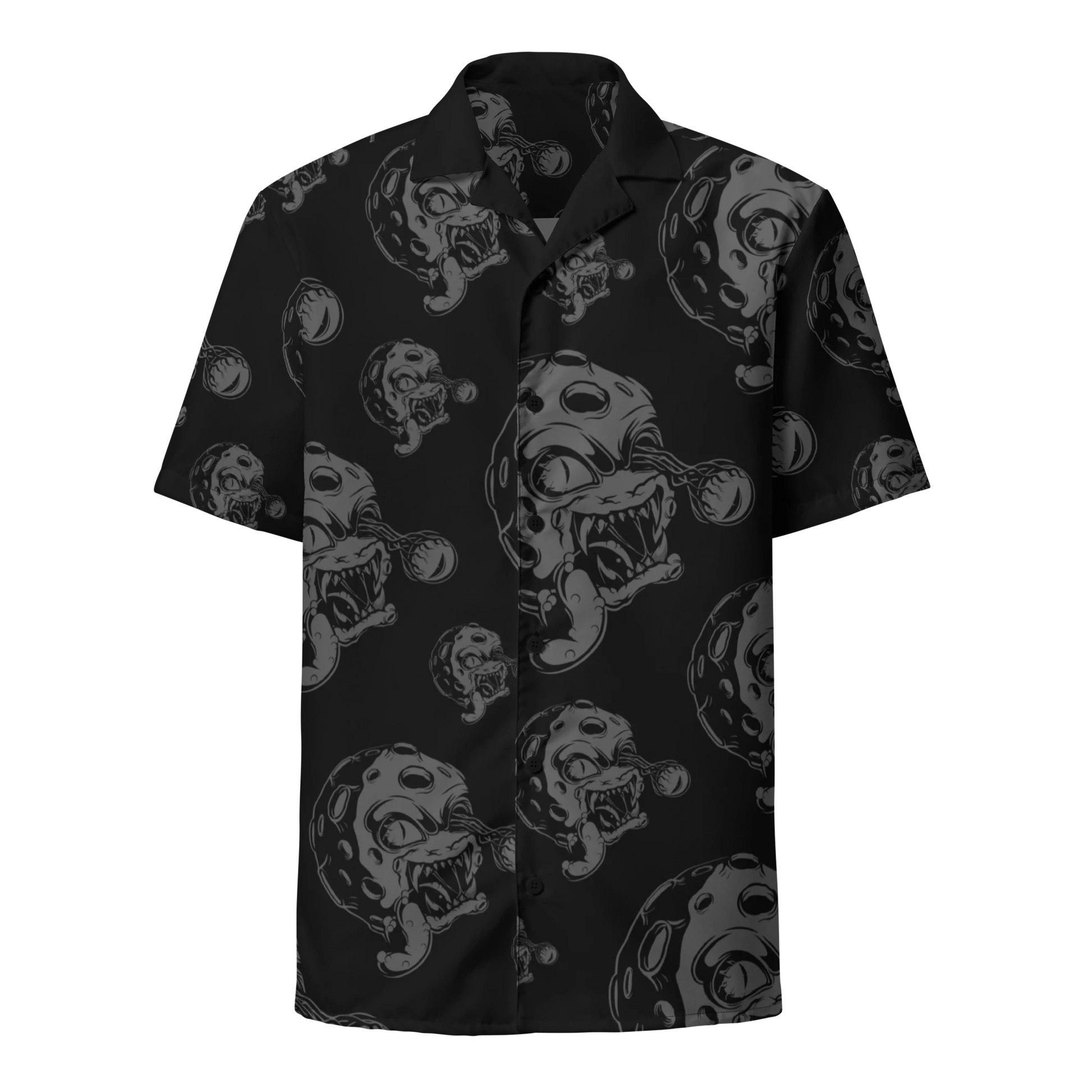Black short-sleeve button-down shirt with repeating fierce Moonsters graphic pattern.