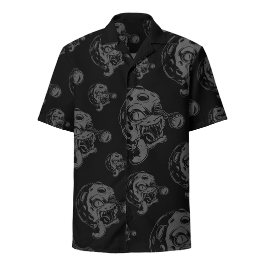 Black short-sleeve button-down shirt with repeating fierce Moonsters graphic pattern.