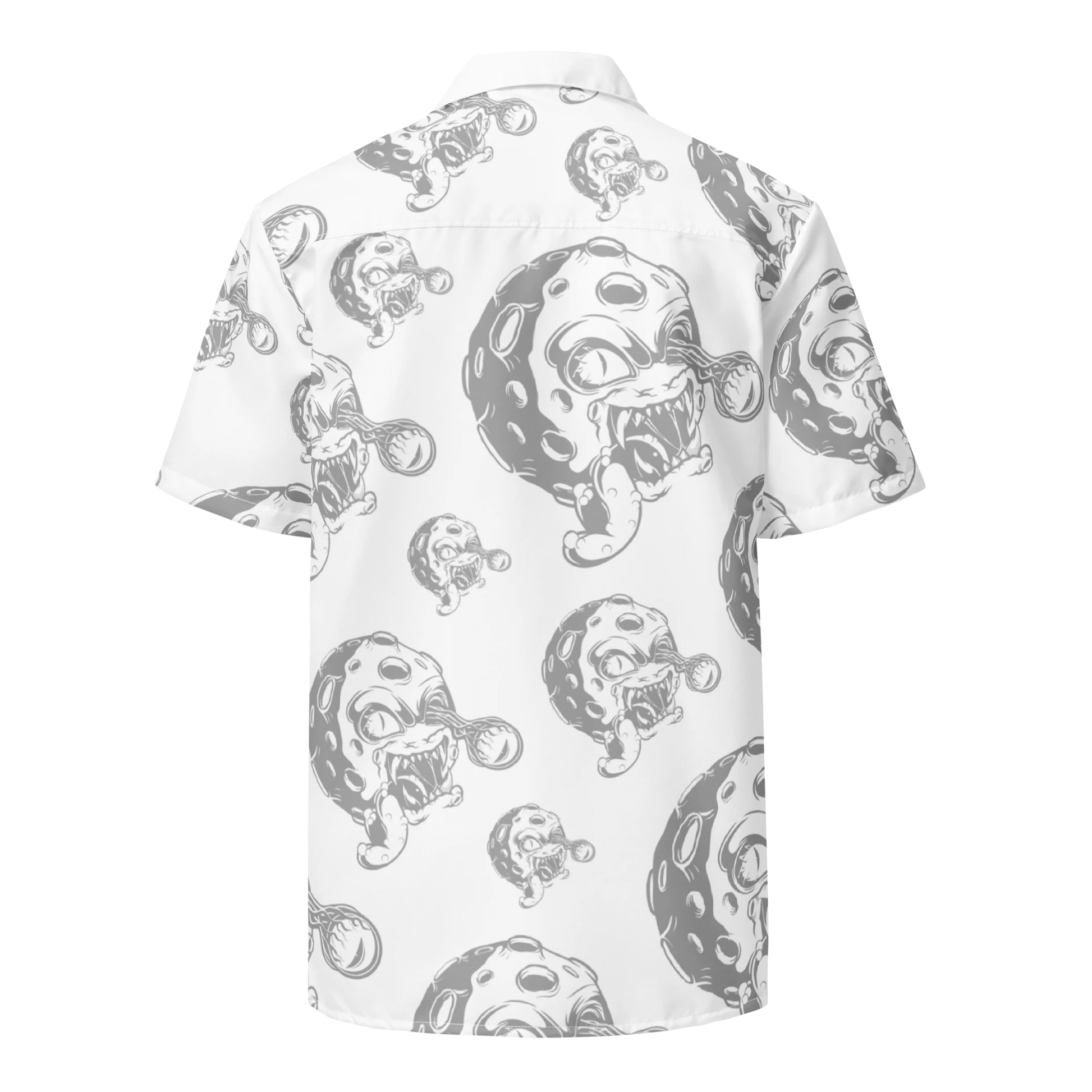 White button-down shirt with short sleeves and gray Moonsters pattern.