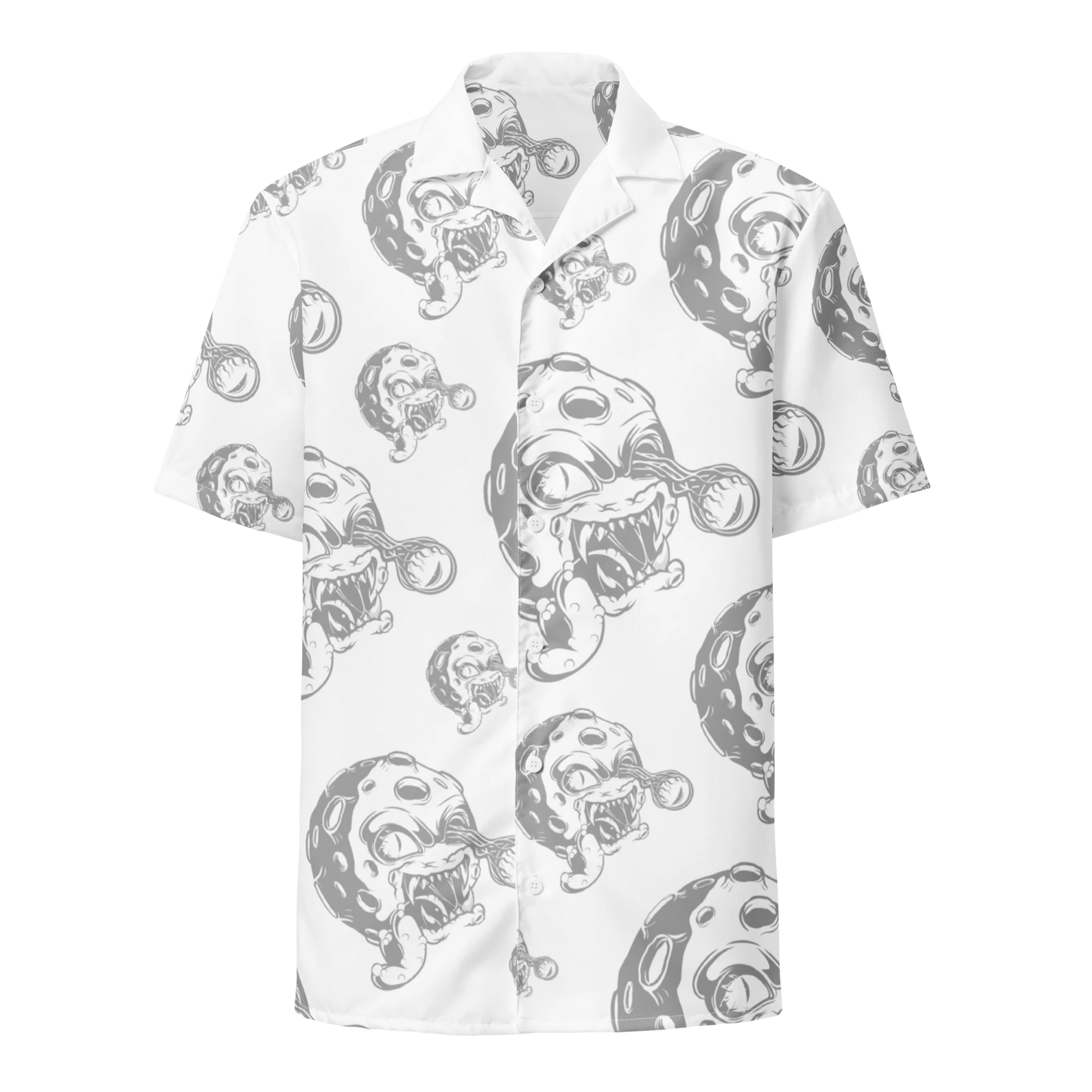White short-sleeve button-down shirt with black and gray Moonsters logo print.