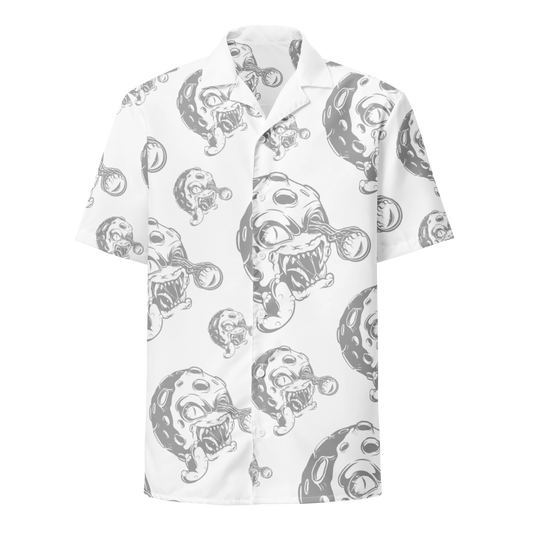 White short-sleeve button-down shirt with black and gray Moonsters logo print.