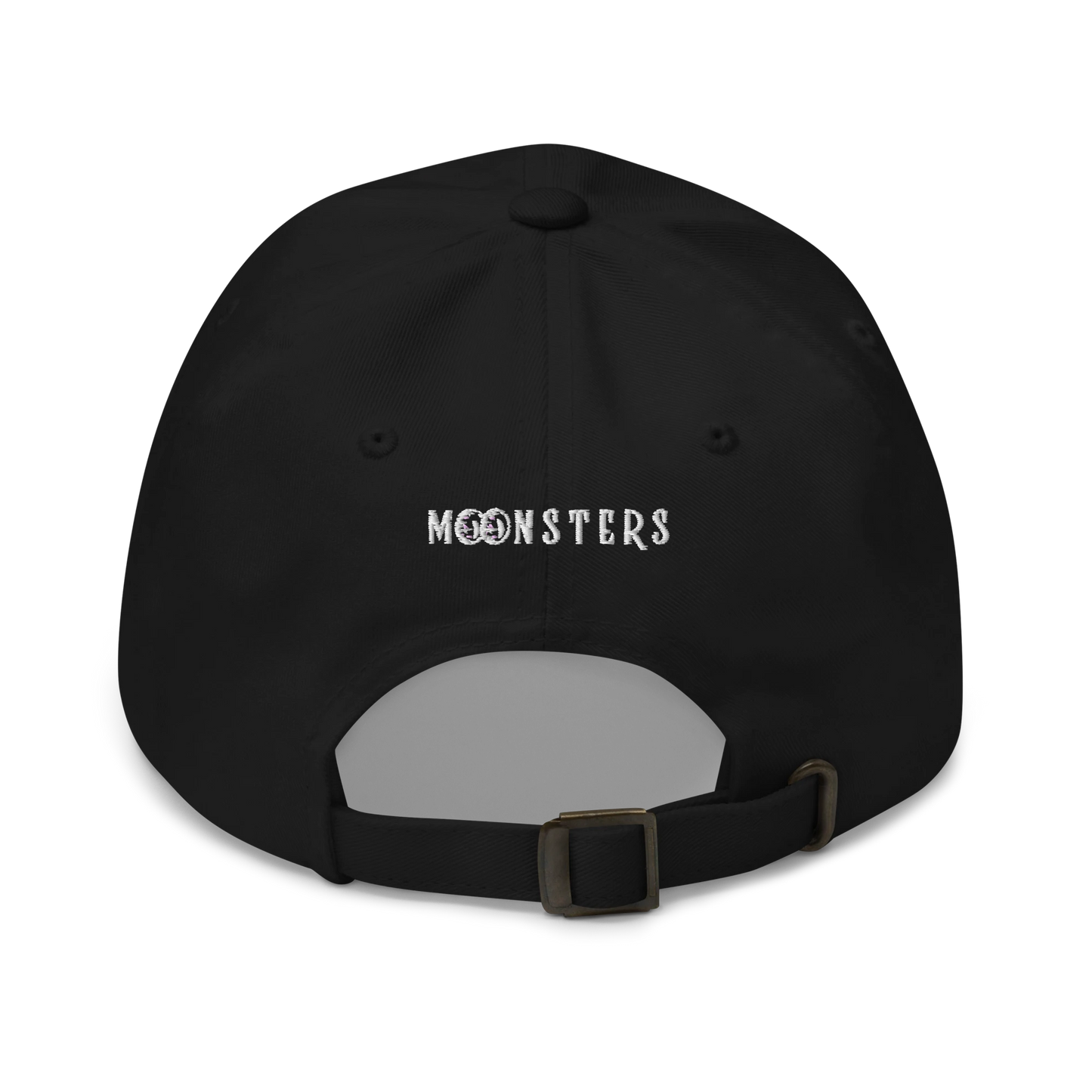 Black cotton dad cap with adjustable strap and white "MOONSTERS" text embroidery on back.