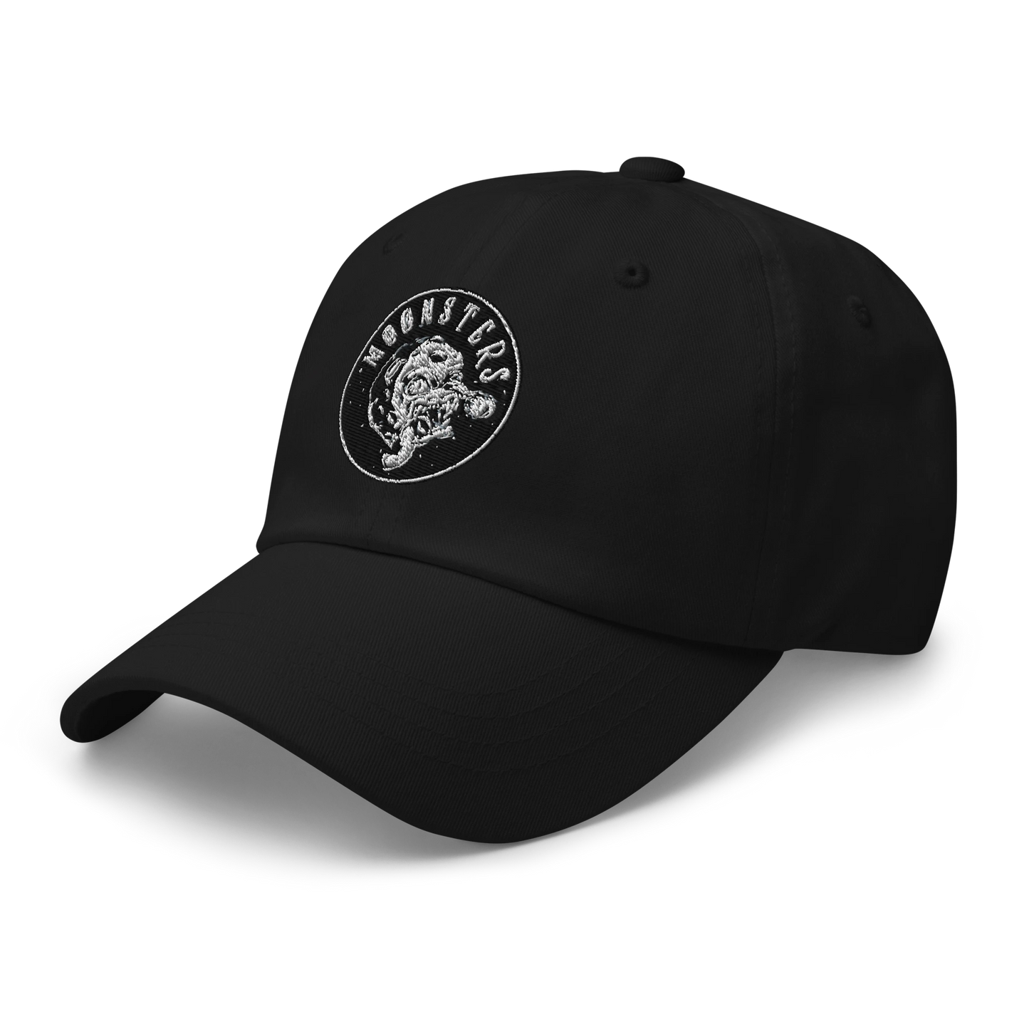 Black dad cap with curved brim and white circular patch featuring a roaring Moonsters logo.