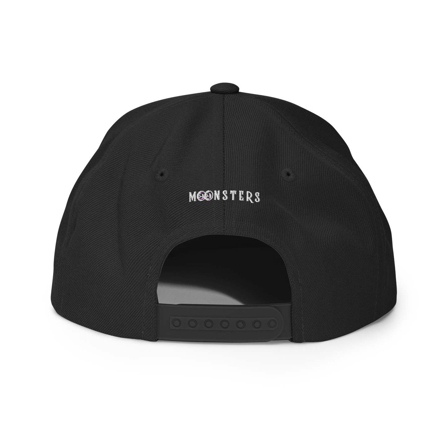 Black snapback hat with adjustable plastic strap and small white "MOONSTERS" text above the opening.