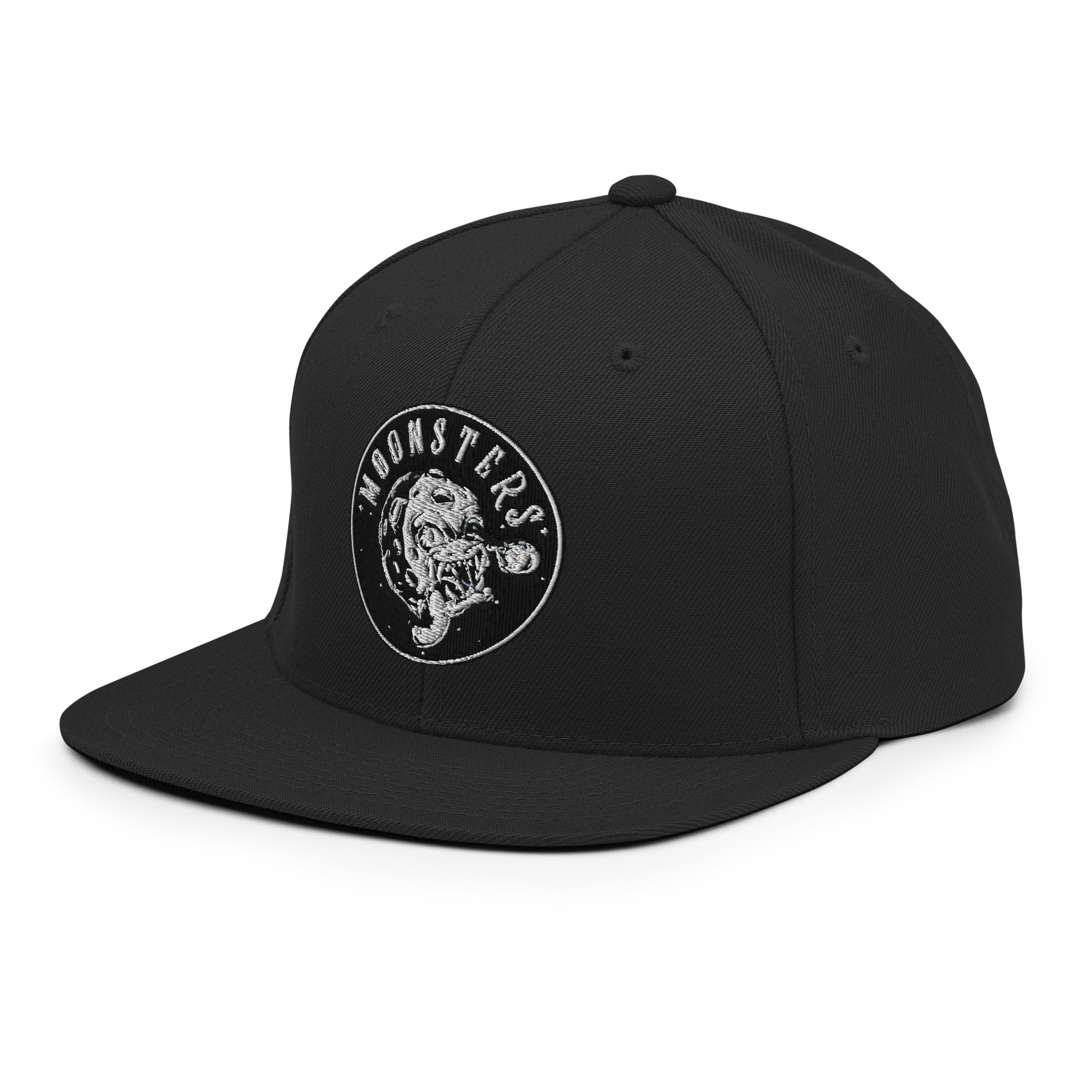 Black snapback hat with a flat brim and white circular "Moonsters" logo featuring a Moonsters graphic on the front panel.