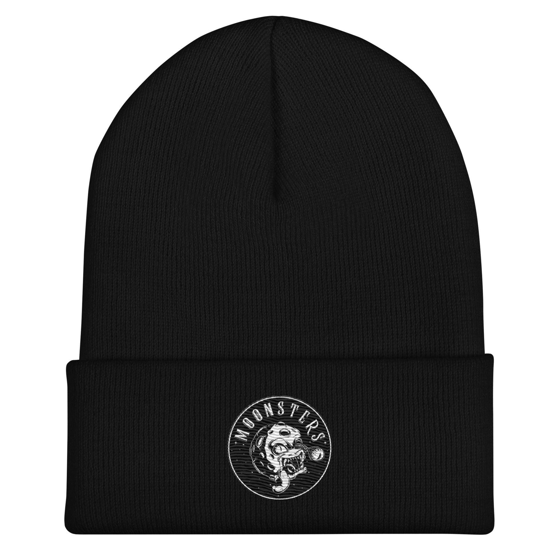 Black knit beanie with cuff and round white Moonsters stamp logo on front.