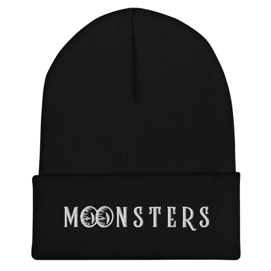 Black ribbed knit beanie with white "MOONSTERS" text logo on cuff.