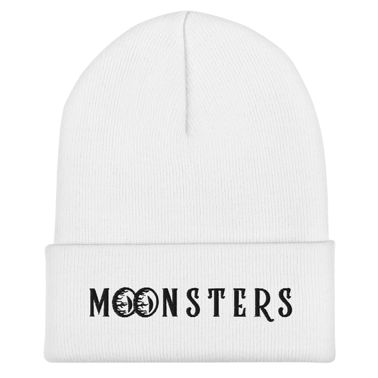 White knit beanie with black "MOONSTERS" text logo.