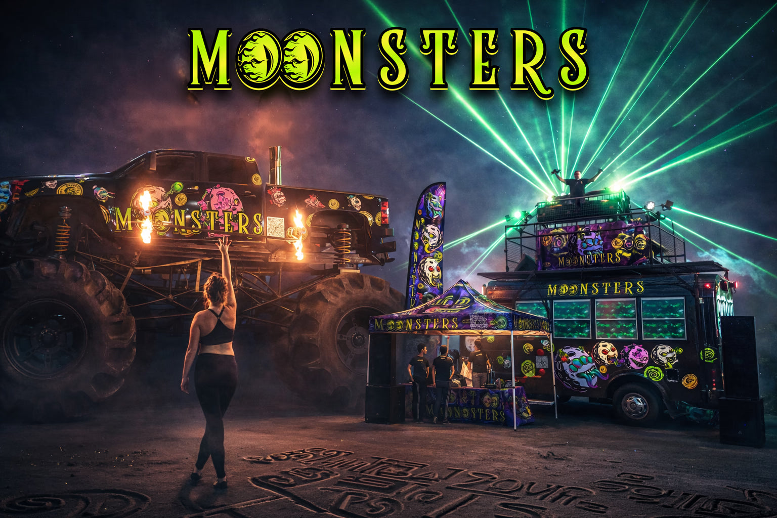 Moonsters monster truck and stage bus at night with green lasers and event branding
