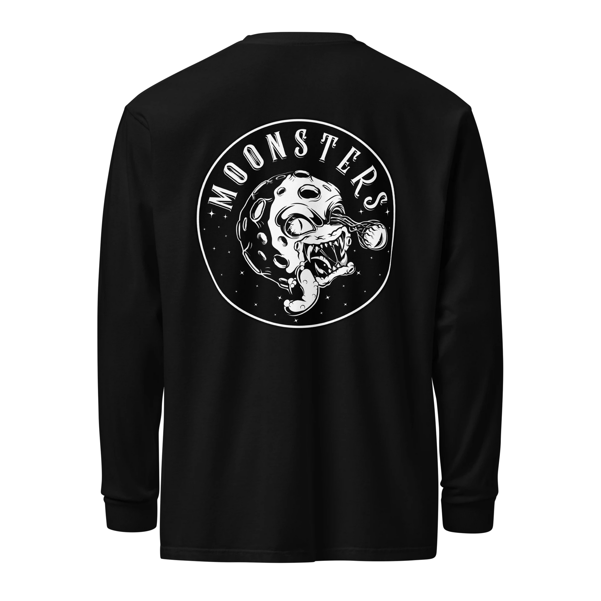 Black long sleeve shirt with white circular "Moonsters" logo featuring a stylized skull-faced moon on the back.