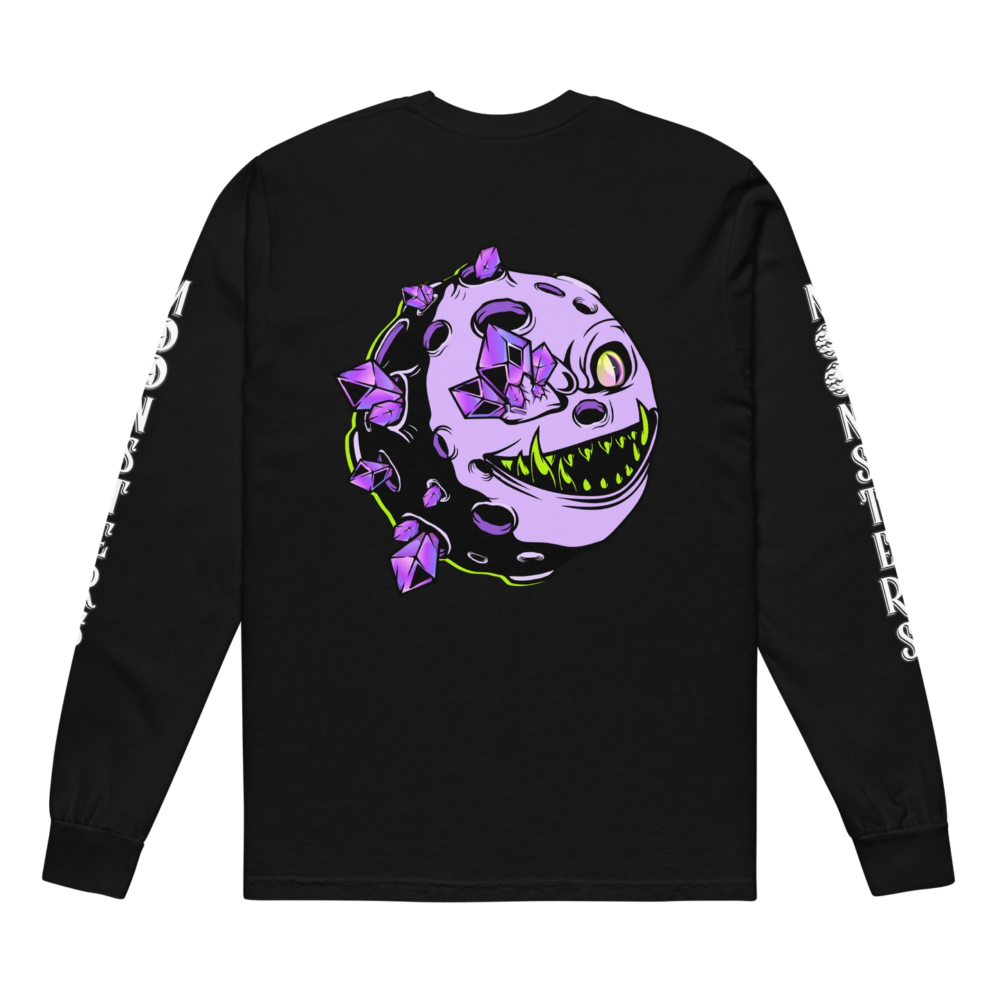 Black long sleeve shirt with purple crystal-encrusted Moonster and white text on sleeves.