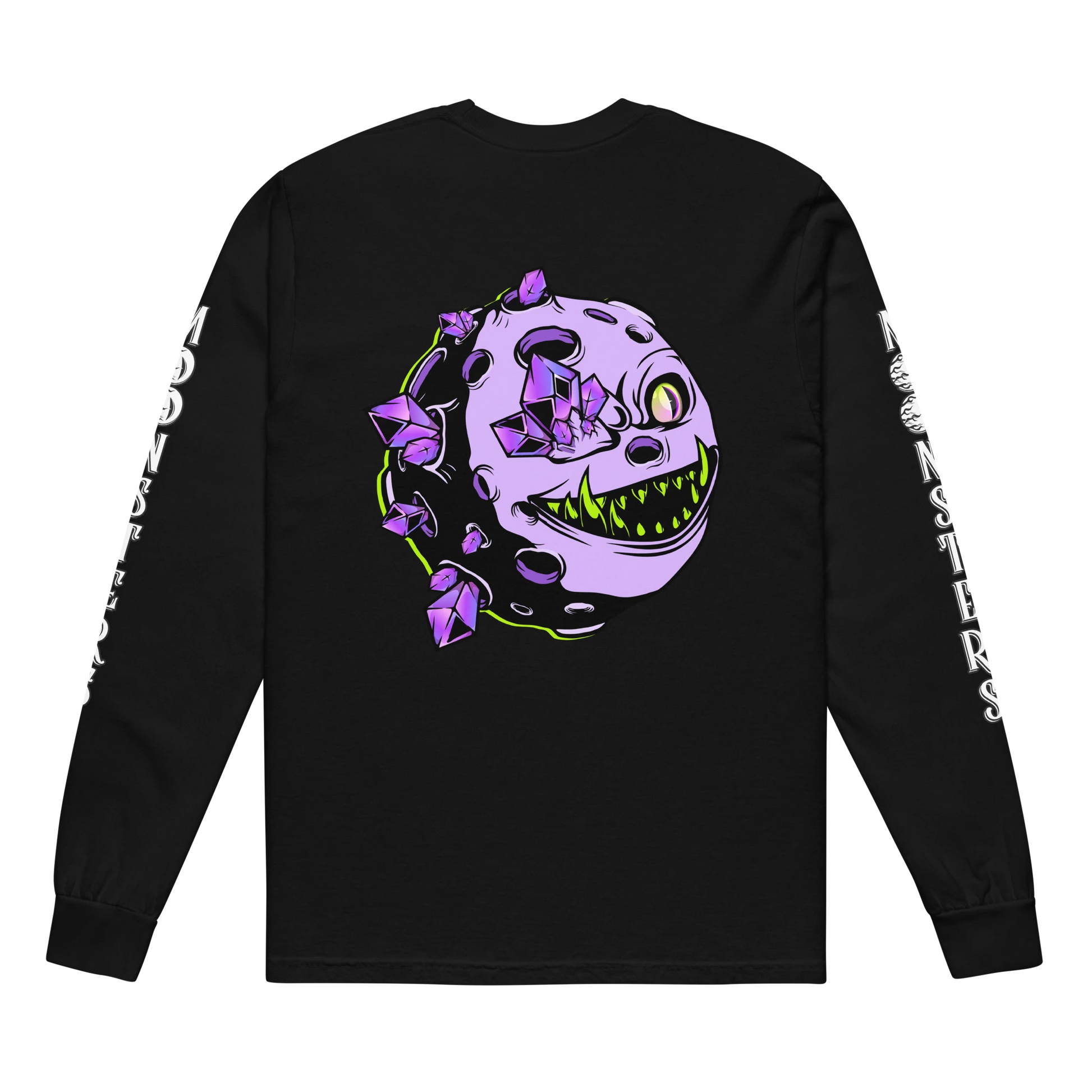 Black long sleeve shirt with purple crystal-encrusted Moonster and white text on sleeves.