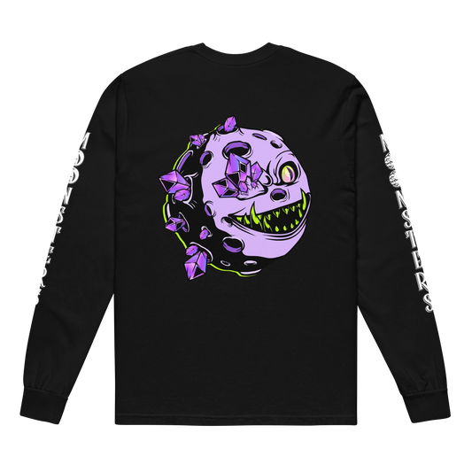 Black long sleeve shirt with purple crystal-encrusted Moonster and white text on sleeves.