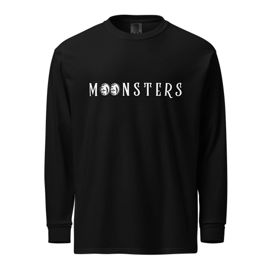 Black long sleeve shirt with white "MOONSTERS" logo featuring moon phase designs within the letters.