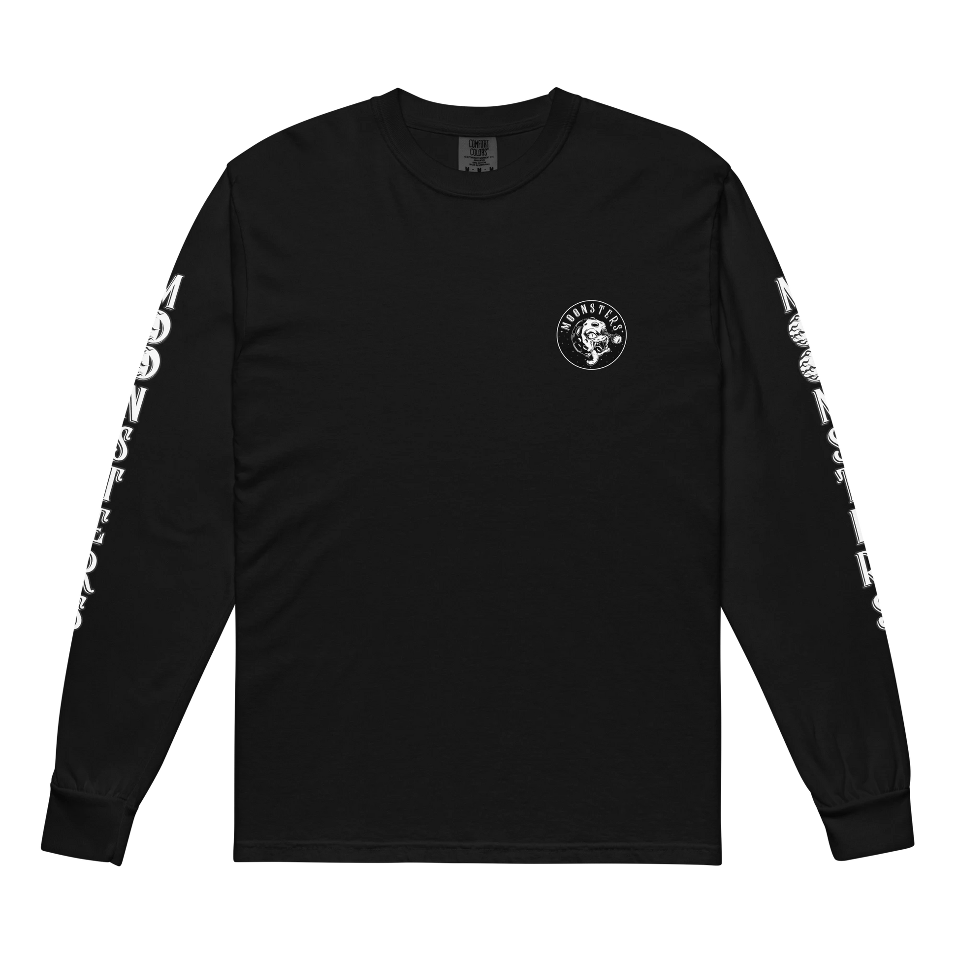 Black long sleeve shirt with white circular logo on chest and white text down both sleeves.