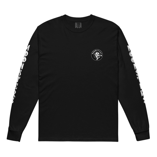 Black long sleeve shirt with white circular logo on chest and white text down both sleeves.