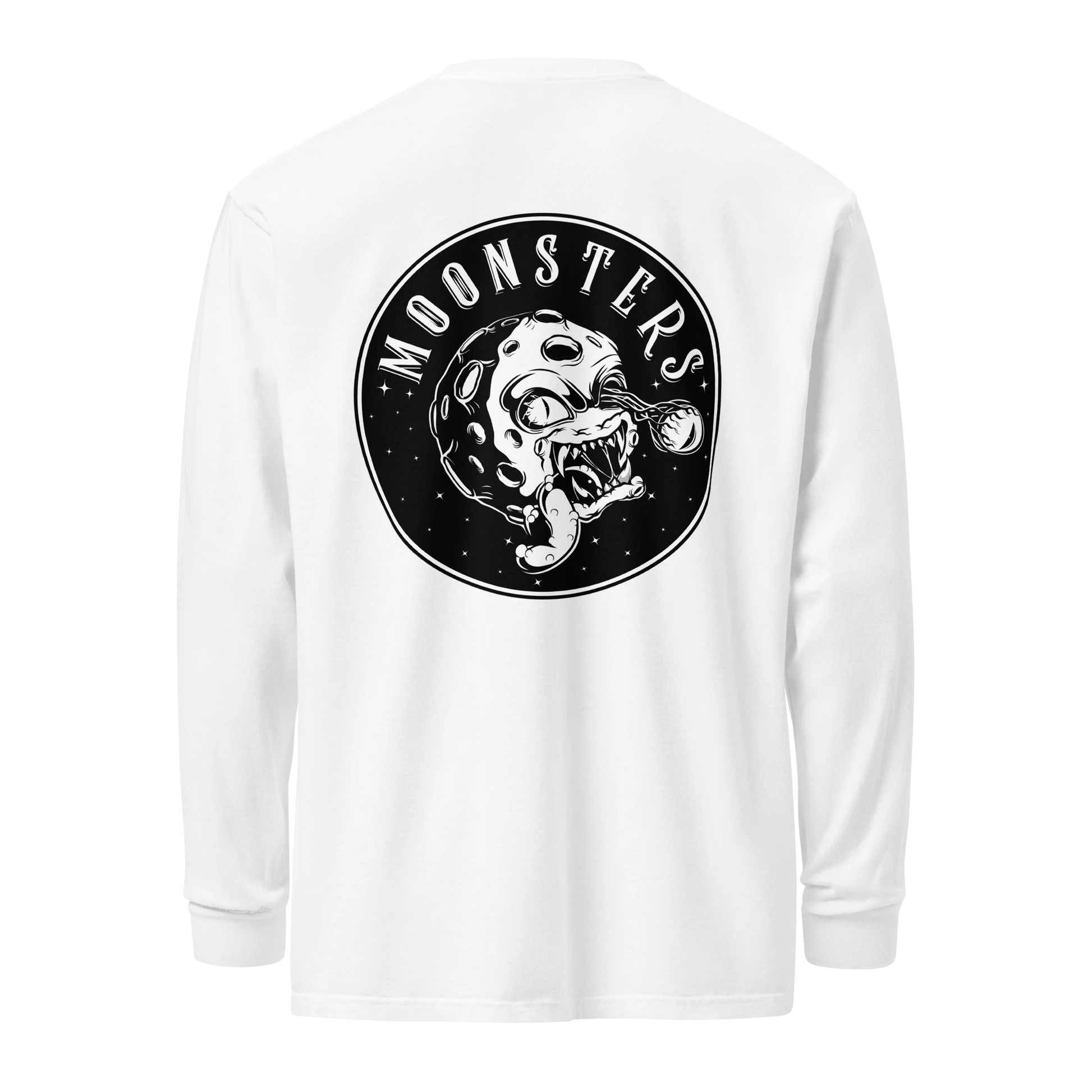 White long sleeve shirt with black circular Moonsters logo featuring a detailed skull and moon design on the back.