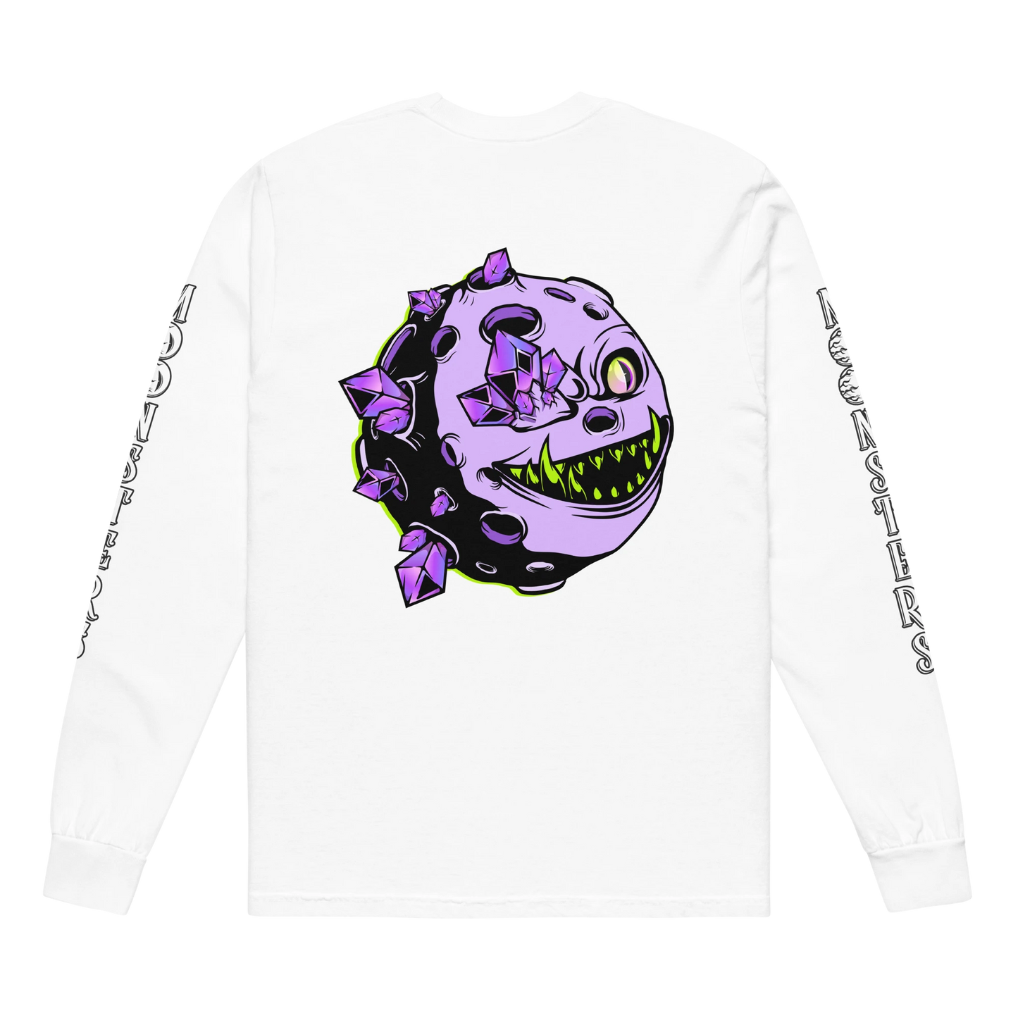 White long sleeve shirt with a purple crystal skull graphic on the back and black text on the sleeves.