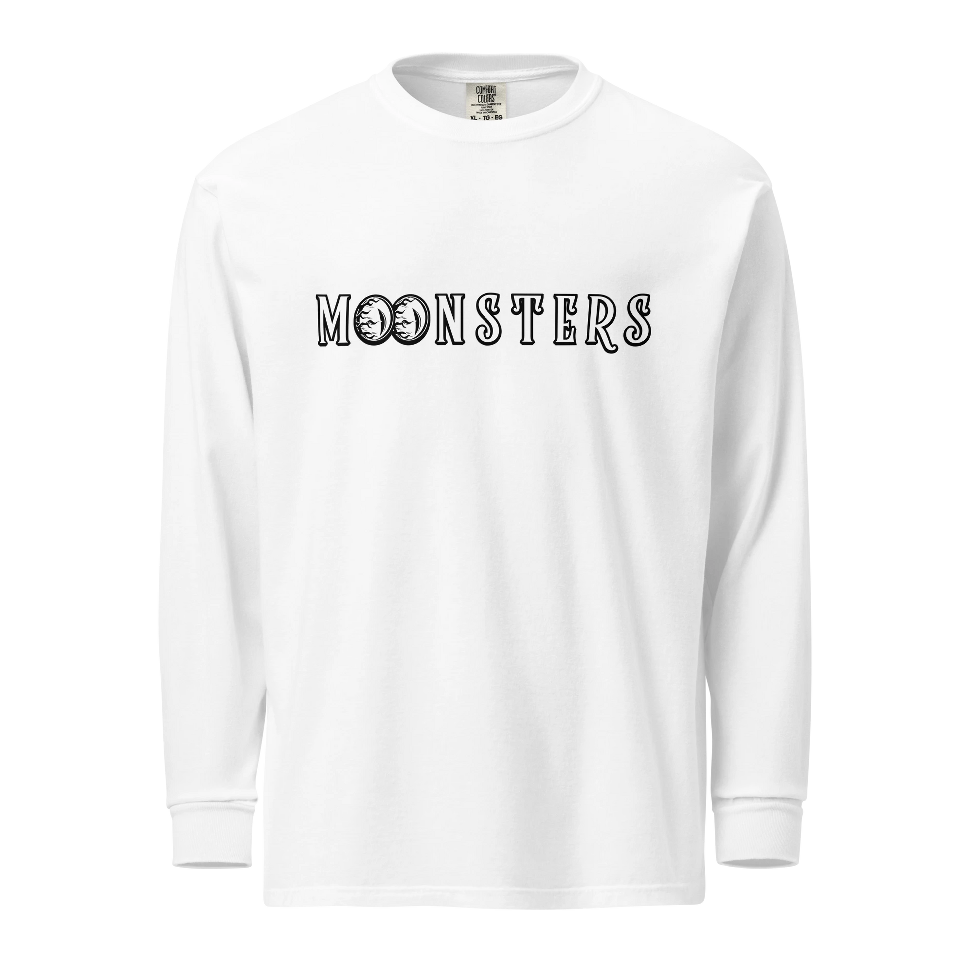White long sleeve shirt with black "MOONSTERS" logo text on front.