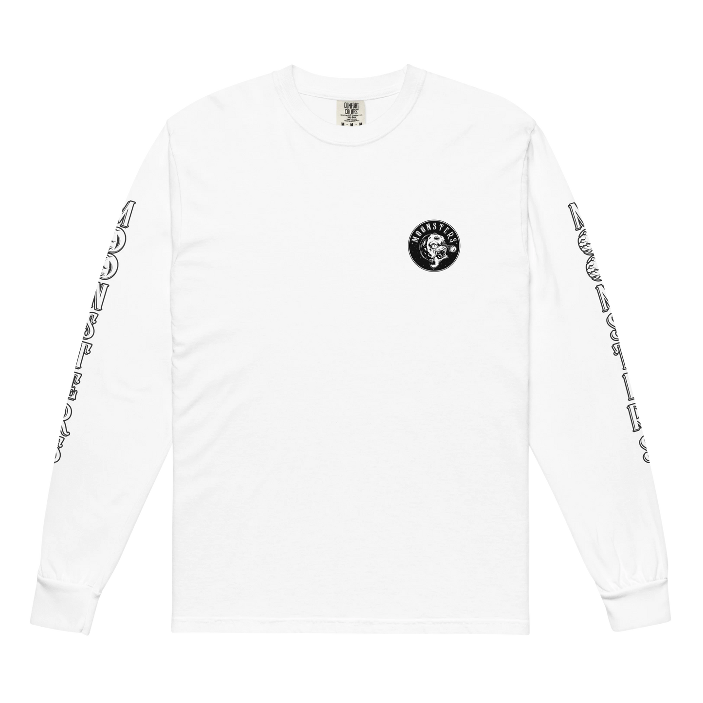 White long sleeve shirt with black circular logo on left chest and bold black text printed along sleeves.