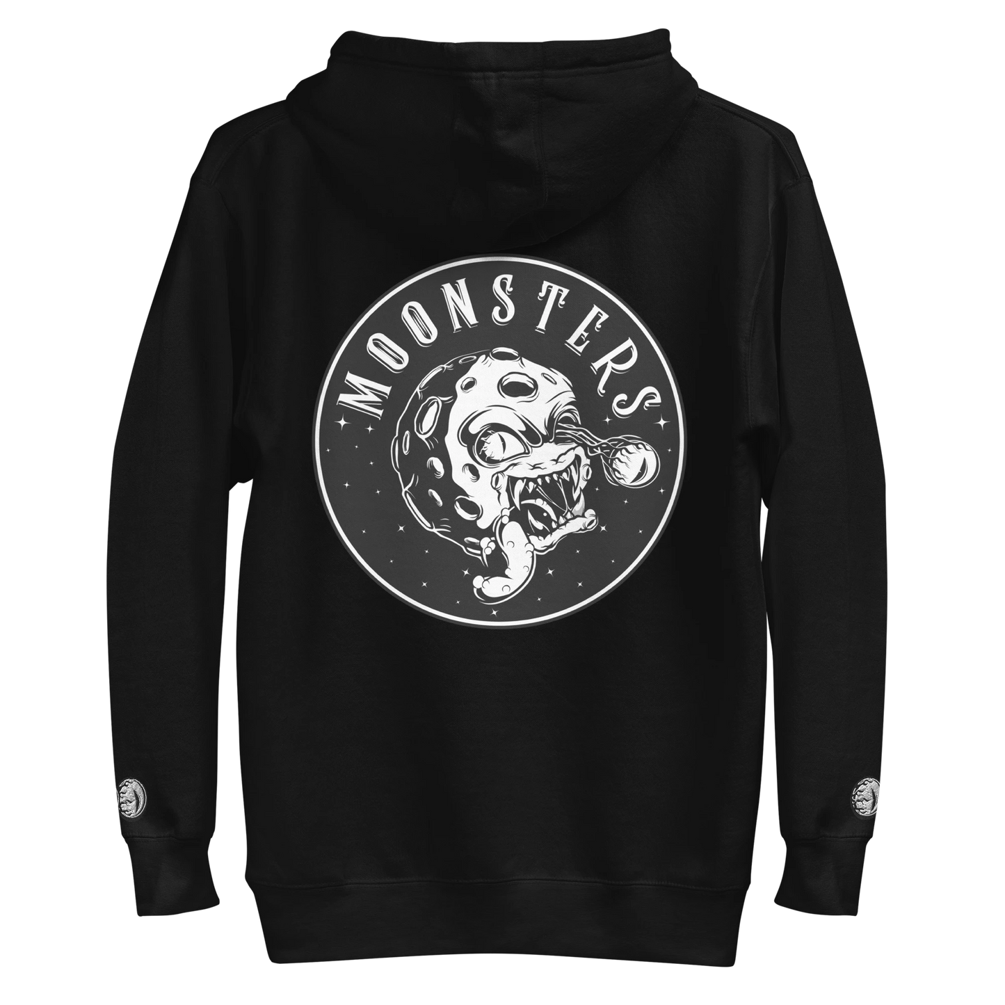 Black hoodie with white "Moonsters" logo featuring a Moonsters graphic on the back.