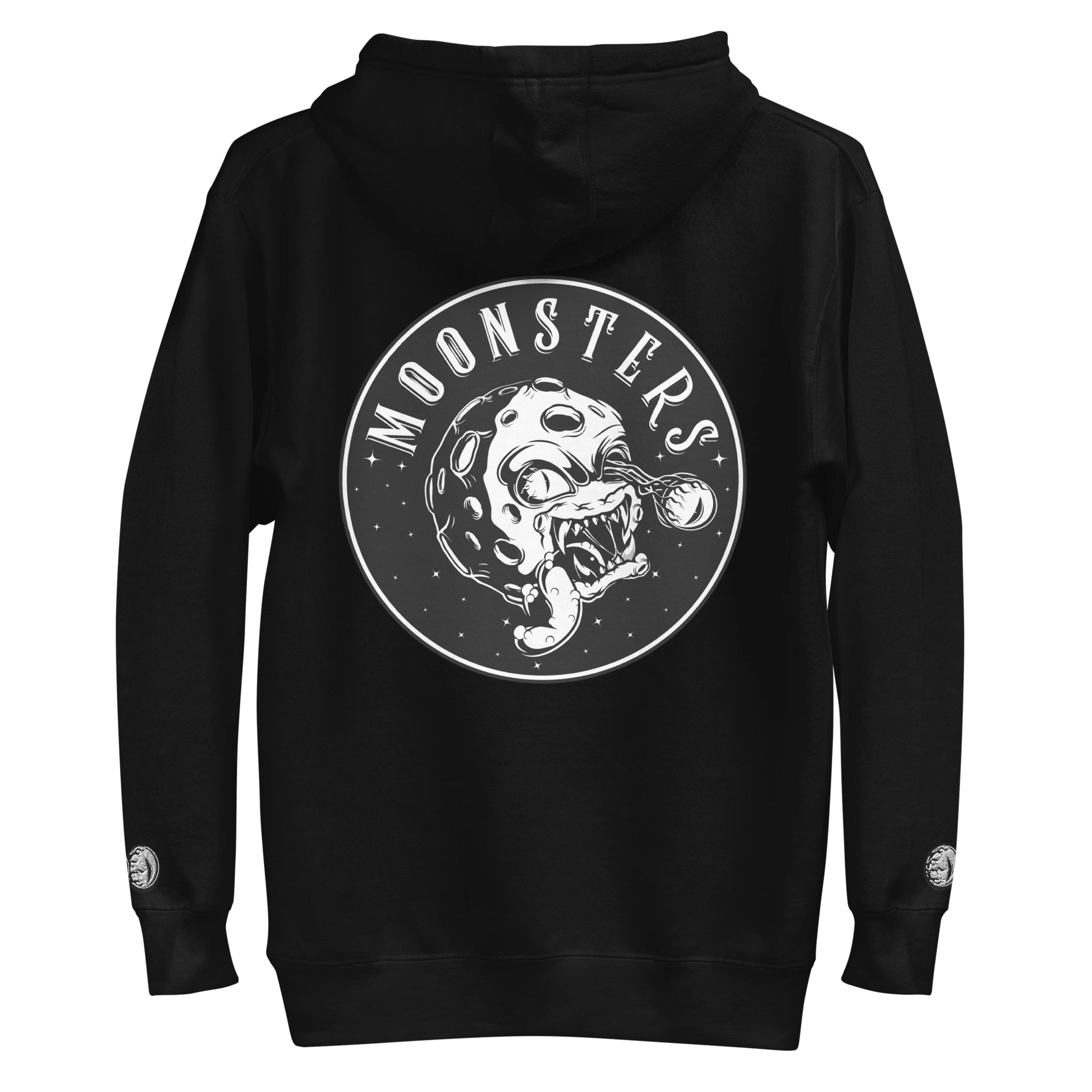 Black hoodie with white "Moonsters" logo featuring a Moonsters graphic on the back.
