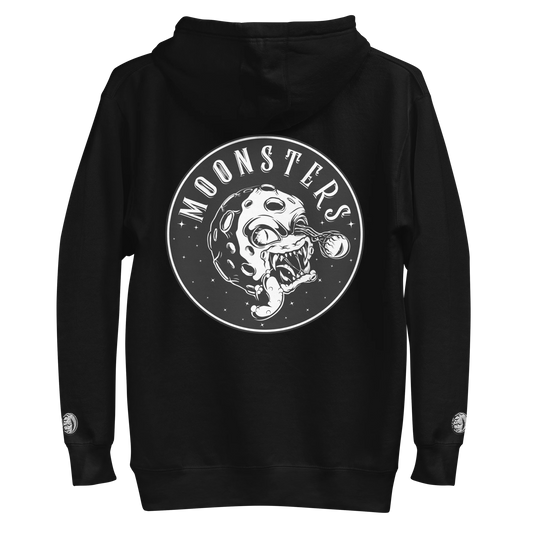 Black hoodie with white "Moonsters" logo featuring a Moonsters graphic on the back.