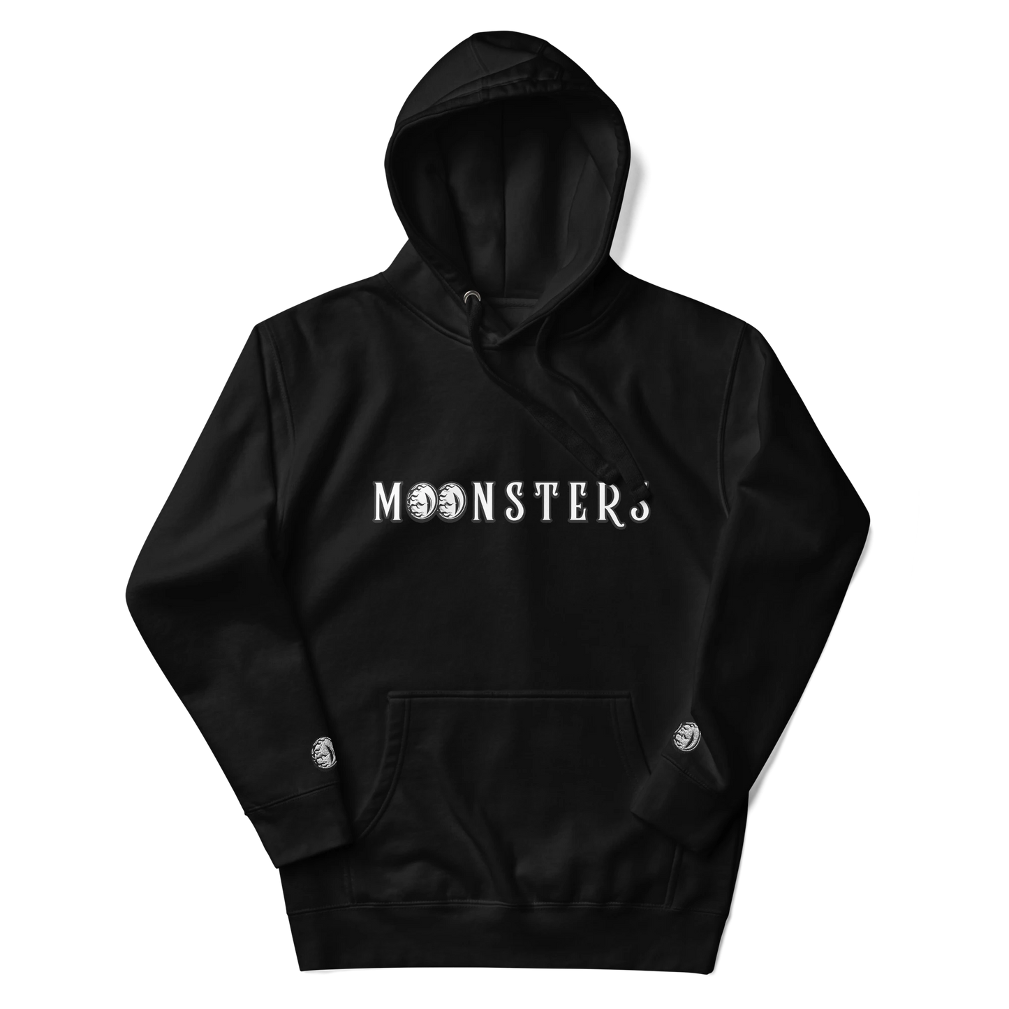 Black hoodie with white "MOONSTERS" logo and front kangaroo pocket.