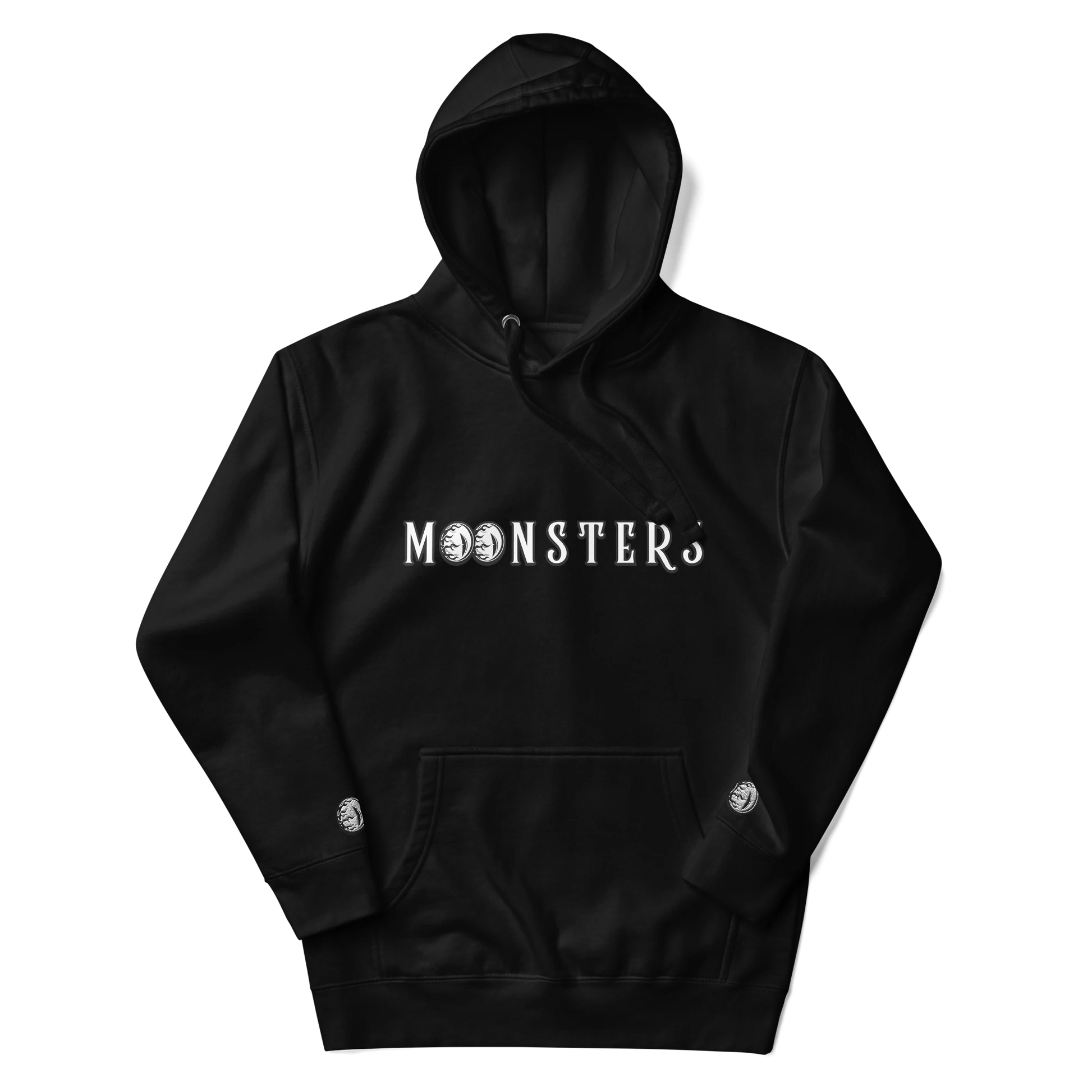 Black hoodie with white "MOONSTERS" logo and front kangaroo pocket.