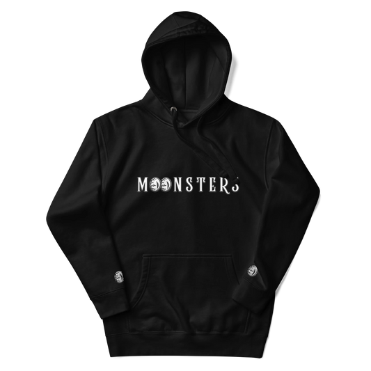 Black hoodie with white "MOONSTERS" logo and front kangaroo pocket.
