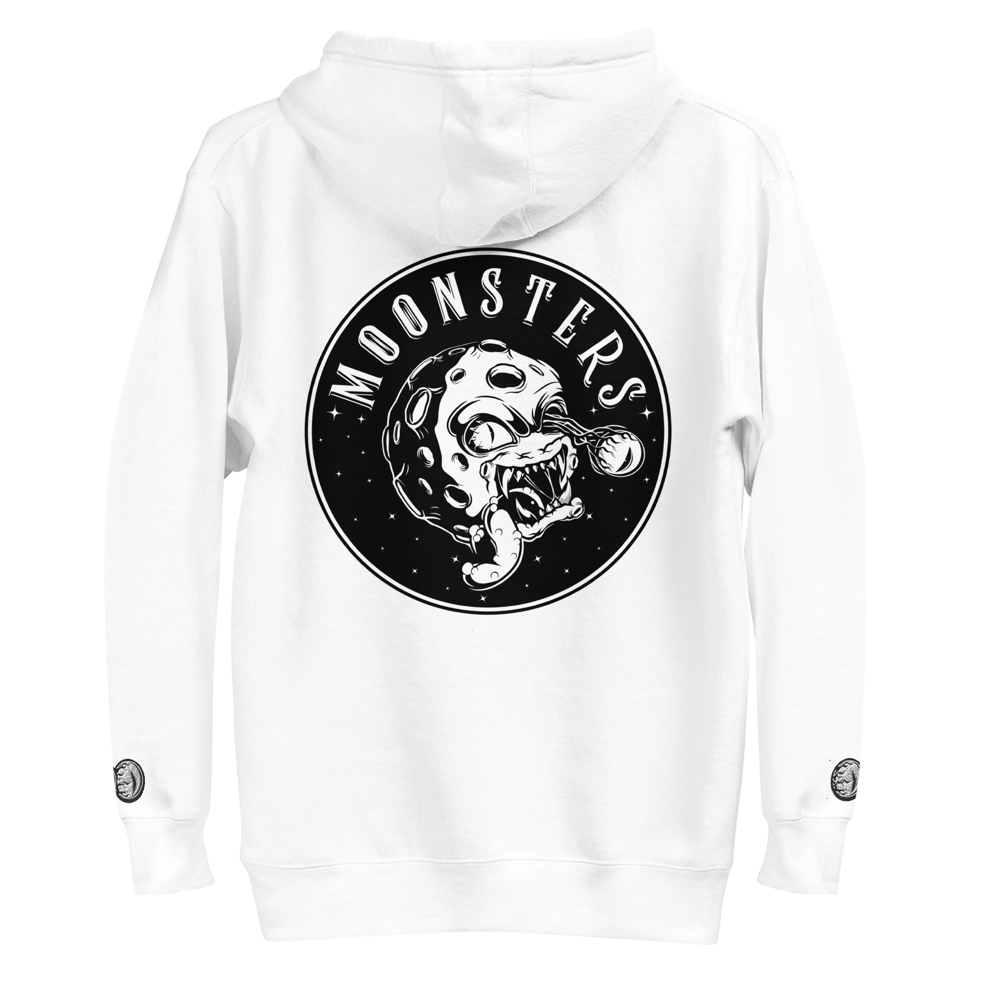White hoodie with a large black circular "Moonsters" logo featuring a Moonster on the back.