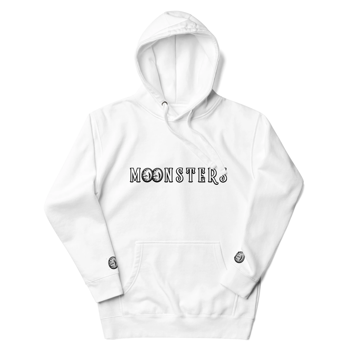 White hoodie with front kangaroo pocket and black "MOONSTRS" logo across chest.